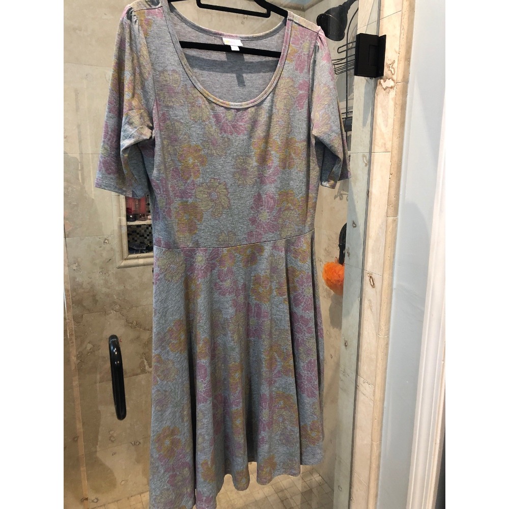 LuLaRoe Nicole Gray Pink Floral Dress Womans Plus Size 2XL New Fit Flare